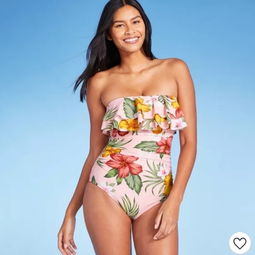 Kona Sol Double Flounce Pink Tropical Floral High Coverage One Piece Swimsuit M